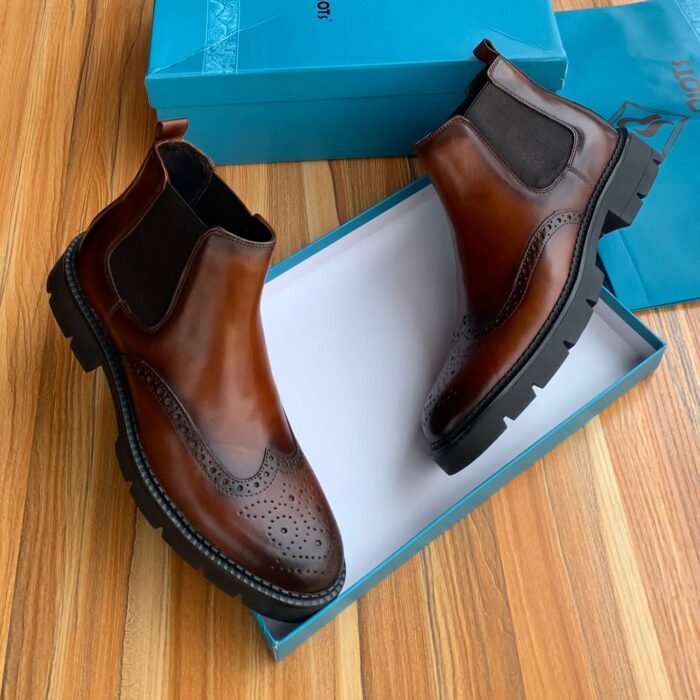 Alessio Venezia Leather Chelsea Brogues Boots Brown - Image 2