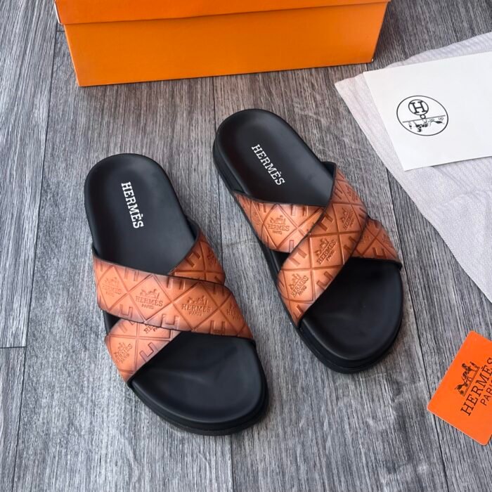 Hermes embroidered canva crisscross leather slide - Image 2