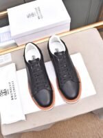 Brunello Cucinelli men's full grain leather sneakers with a contrasting orange sole Black colour - Image 2