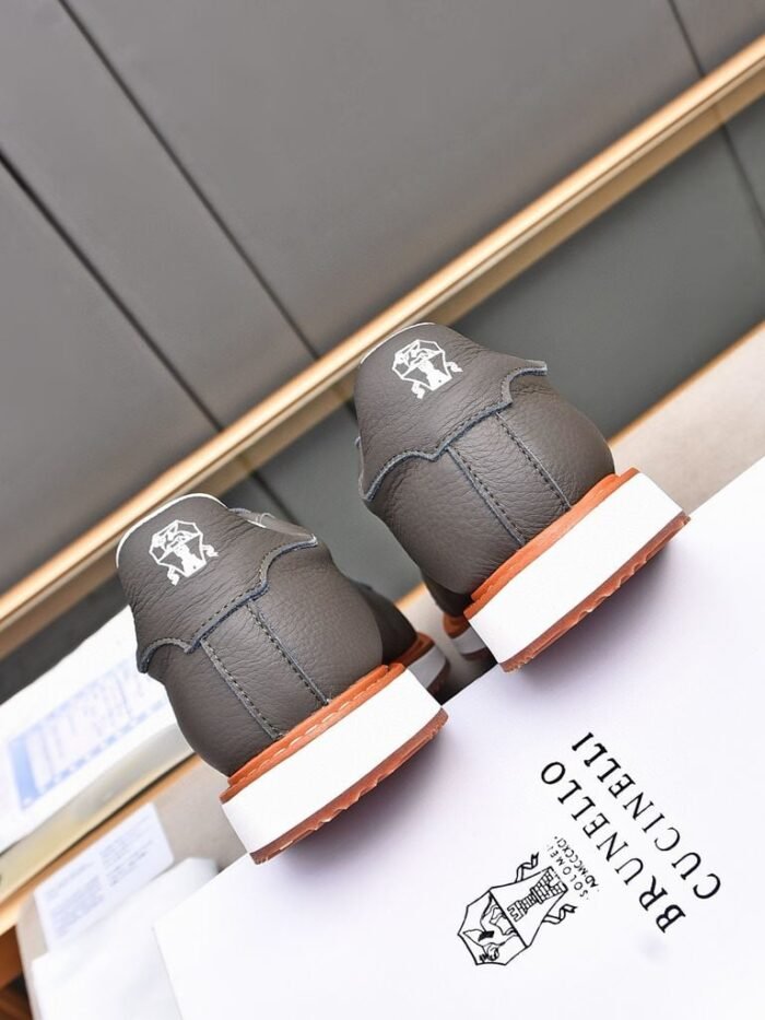 Brunello Cucinelli men's full grain leather sneakers with a contrasting orange sole Grey colour - Image 3