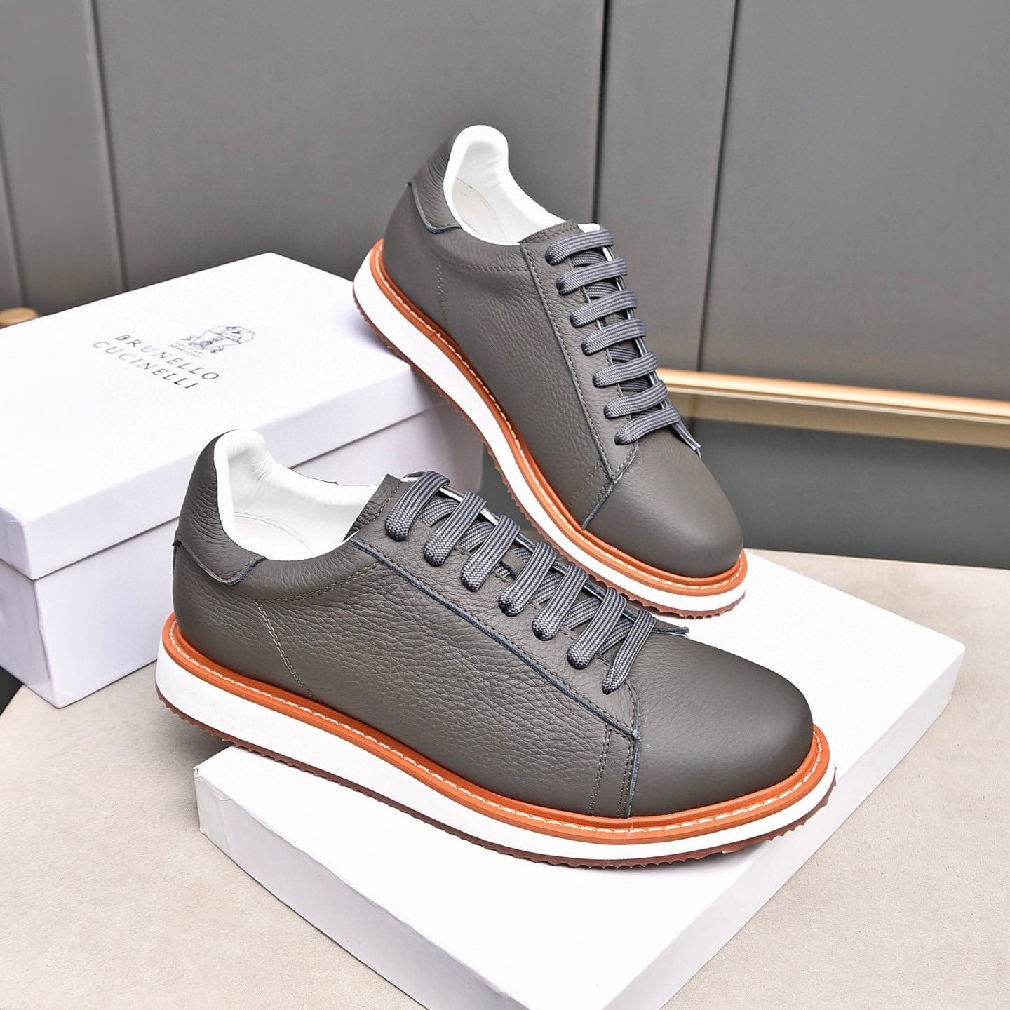 IMG_7896 Brunello Cucinelli men's full grain leather sneakers with a contrasting orange sole Grey colour - Image 1