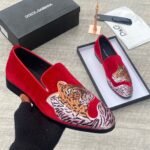 D&G tiger embroidered red velvet loafers