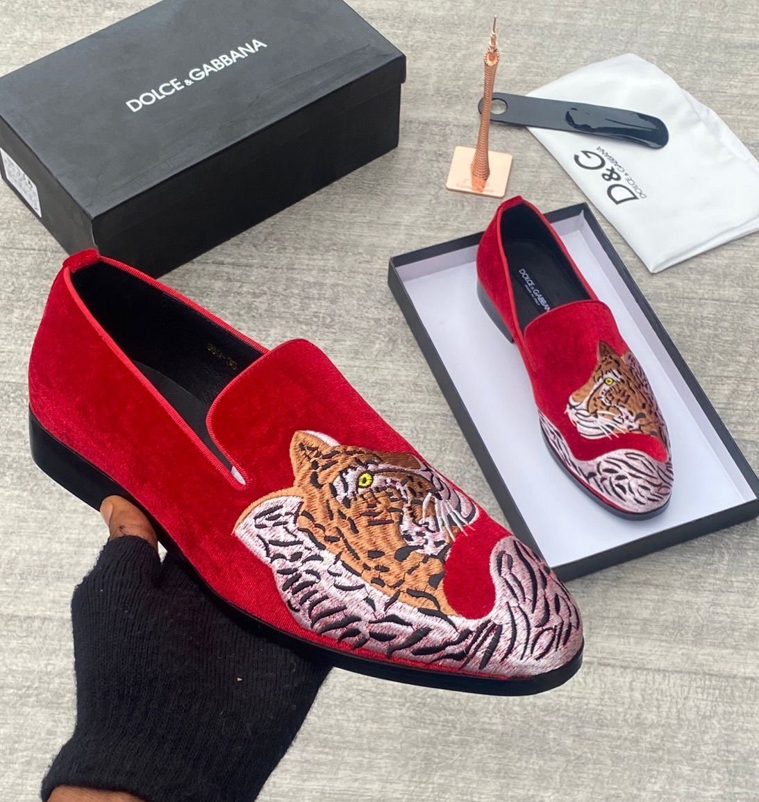 1d187272-535f-45ab-b2c8-365e7fb6e9ac D&G tiger embroidered red velvet loafers - Image 1