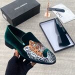 D&G tiger embroidered green velvet loafers