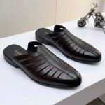 Hollow out slide Leather Mules dark brown