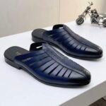 Hollow out slide Leather Mules navy blue