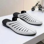 Hollow out slide Leather Mules navy white