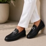 Emori black flat pebble – grain leather loafers with contrasting black rubber sole.