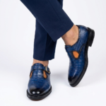 JM Weston striking navy blue crocs-embossed leather single monk strap shoes