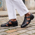 Fisherman crocs-embossed leather sandals black