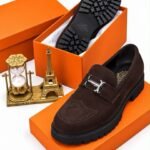 H-buckle Grained calfskin suede and chunky rubber lug sole loafers burgundy