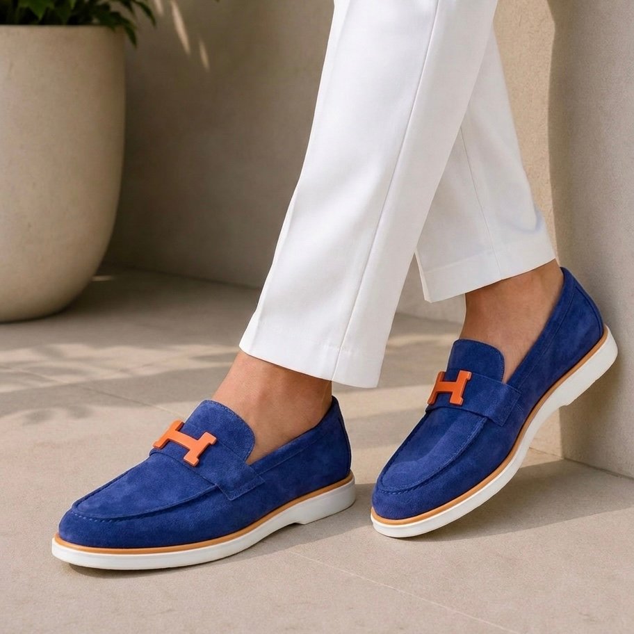 IMG_3021 Hermes moonboat suede loafers navy blue - Image 1